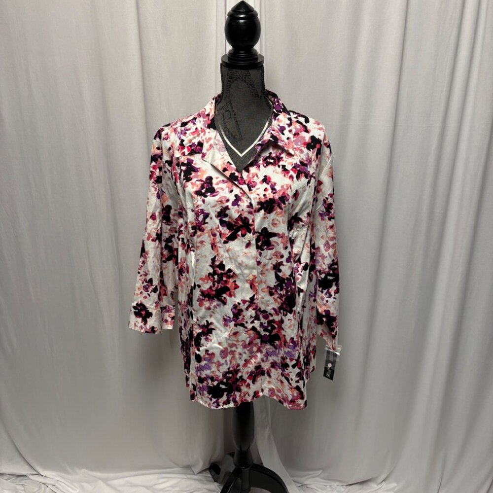 APT 9 Floral Blouse Womens Size 3X White Pink Button Up Structured Shirt NEW
